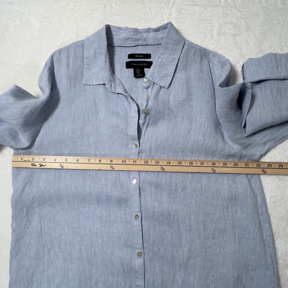 Tahari 100% Linen Tunic Shirt Womens Sz L Blue Roll Tab Sleeves Relaxed - Picture 9 of 12